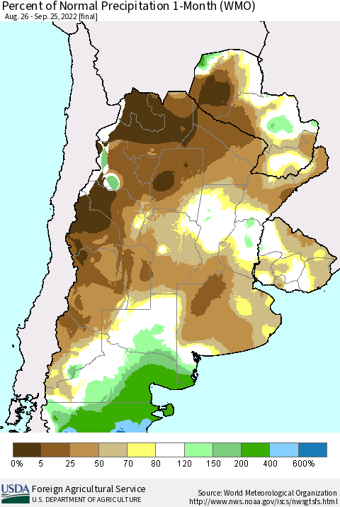 Southern South America Percent of Normal Precipitation 1-Month (WMO) Thematic Map For 8/26/2022 - 9/25/2022
