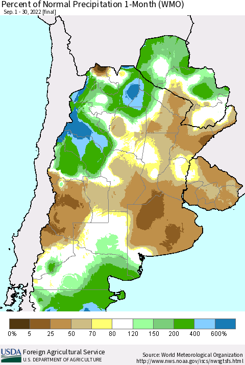 Southern South America Percent of Normal Precipitation 1-Month (WMO) Thematic Map For 9/1/2022 - 9/30/2022