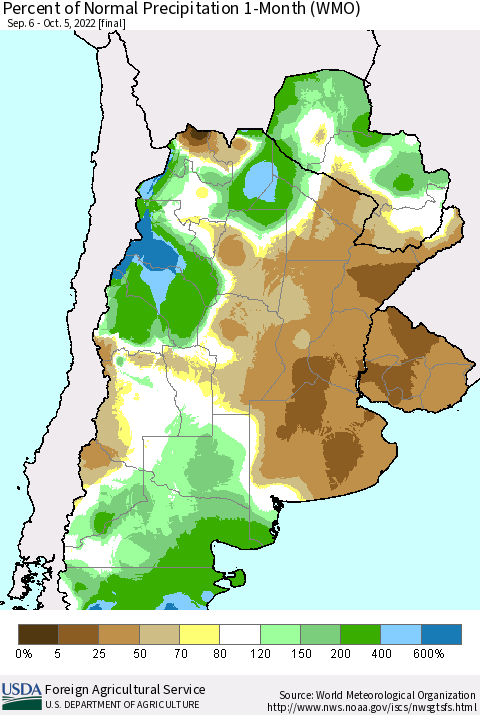 Southern South America Percent of Normal Precipitation 1-Month (WMO) Thematic Map For 9/6/2022 - 10/5/2022