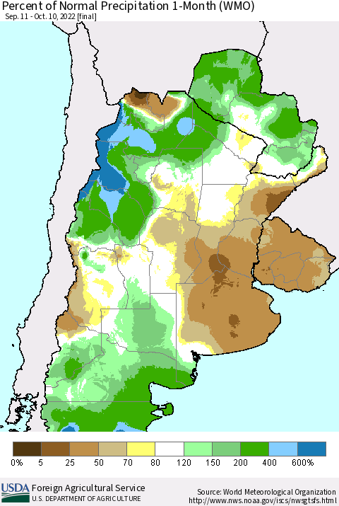 Southern South America Percent of Normal Precipitation 1-Month (WMO) Thematic Map For 9/11/2022 - 10/10/2022