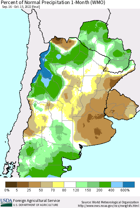 Southern South America Percent of Normal Precipitation 1-Month (WMO) Thematic Map For 9/16/2022 - 10/15/2022