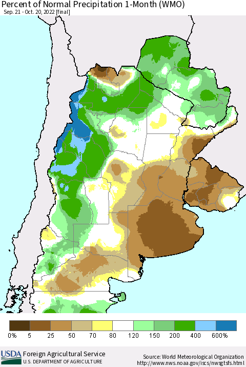 Southern South America Percent of Normal Precipitation 1-Month (WMO) Thematic Map For 9/21/2022 - 10/20/2022