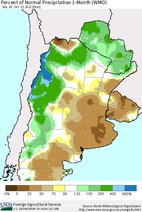 Southern South America Percent of Normal Precipitation 1-Month (WMO) Thematic Map For 9/26/2022 - 10/25/2022