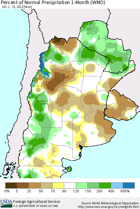 Southern South America Percent of Normal Precipitation 1-Month (WMO) Thematic Map For 10/1/2022 - 10/31/2022