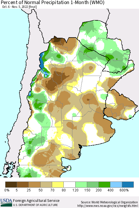 Southern South America Percent of Normal Precipitation 1-Month (WMO) Thematic Map For 10/6/2022 - 11/5/2022