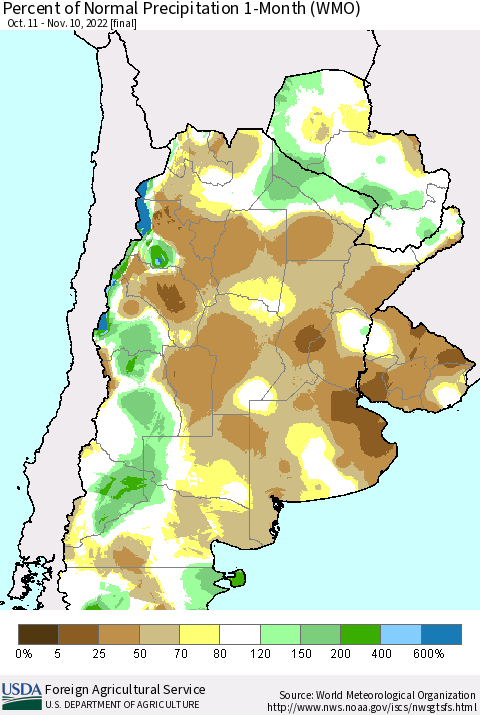 Southern South America Percent of Normal Precipitation 1-Month (WMO) Thematic Map For 10/11/2022 - 11/10/2022