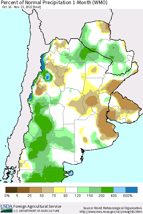 Southern South America Percent of Normal Precipitation 1-Month (WMO) Thematic Map For 10/16/2022 - 11/15/2022