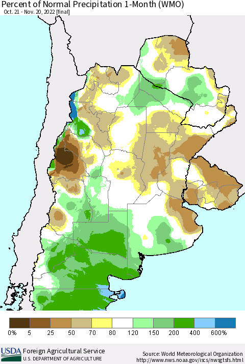 Southern South America Percent of Normal Precipitation 1-Month (WMO) Thematic Map For 10/21/2022 - 11/20/2022