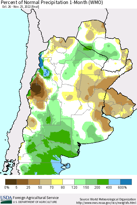 Southern South America Percent of Normal Precipitation 1-Month (WMO) Thematic Map For 10/26/2022 - 11/25/2022