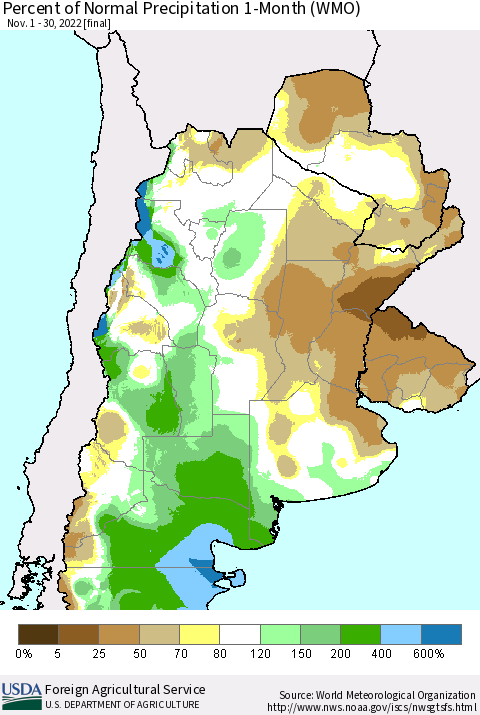Southern South America Percent of Normal Precipitation 1-Month (WMO) Thematic Map For 11/1/2022 - 11/30/2022