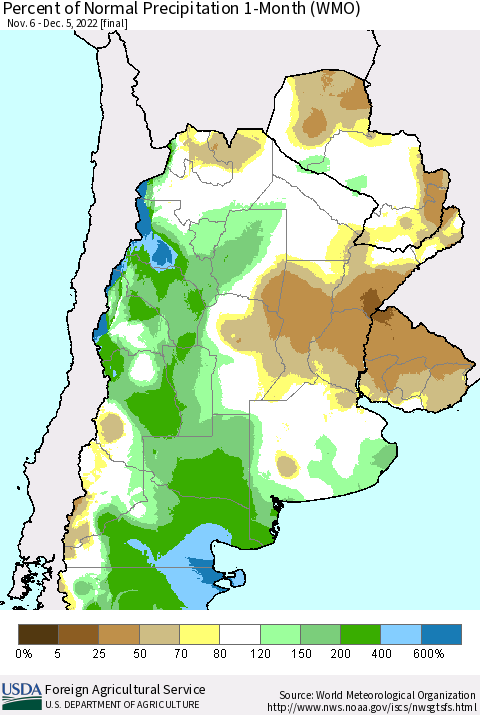 Southern South America Percent of Normal Precipitation 1-Month (WMO) Thematic Map For 11/6/2022 - 12/5/2022