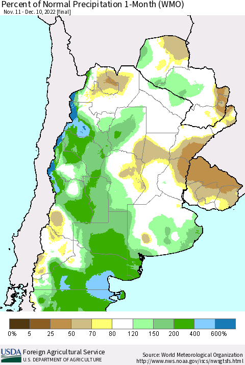 Southern South America Percent of Normal Precipitation 1-Month (WMO) Thematic Map For 11/11/2022 - 12/10/2022