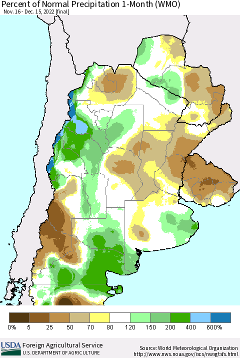 Southern South America Percent of Normal Precipitation 1-Month (WMO) Thematic Map For 11/16/2022 - 12/15/2022