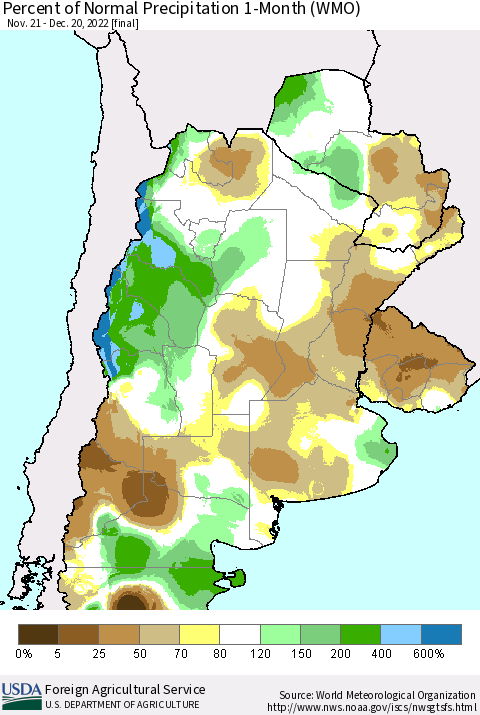 Southern South America Percent of Normal Precipitation 1-Month (WMO) Thematic Map For 11/21/2022 - 12/20/2022