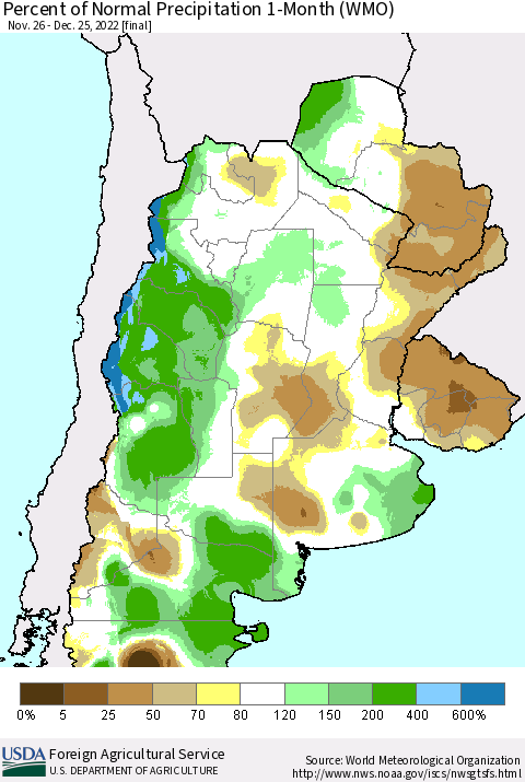 Southern South America Percent of Normal Precipitation 1-Month (WMO) Thematic Map For 11/26/2022 - 12/25/2022