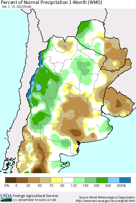 Southern South America Percent of Normal Precipitation 1-Month (WMO) Thematic Map For 12/1/2022 - 12/31/2022