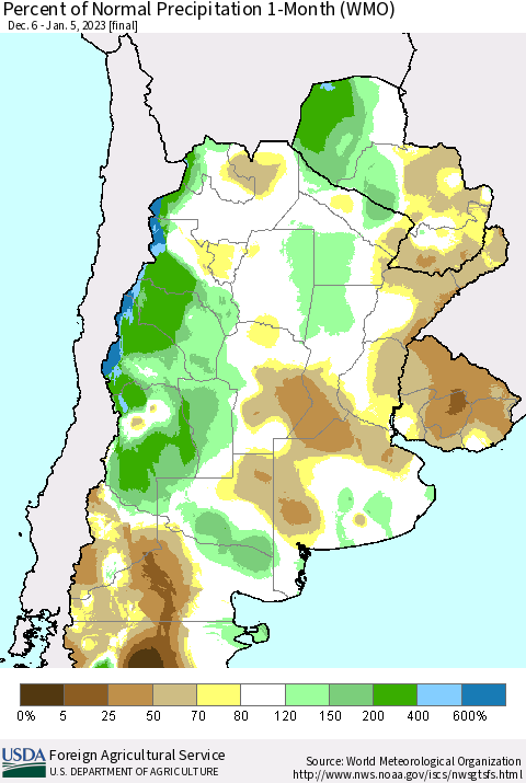 Southern South America Percent of Normal Precipitation 1-Month (WMO) Thematic Map For 12/6/2022 - 1/5/2023