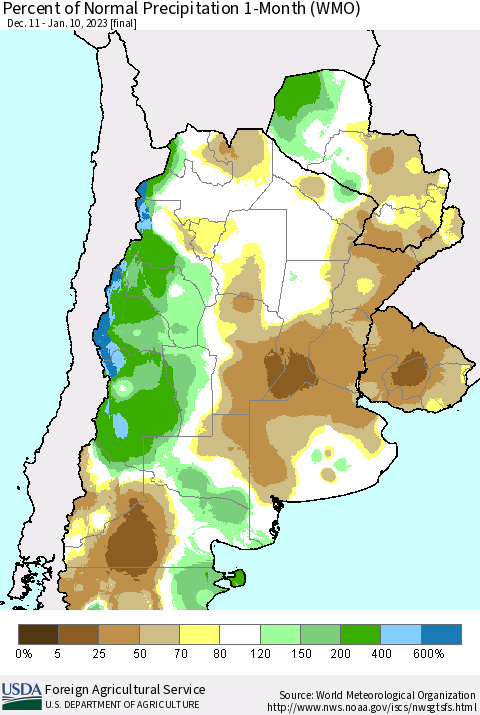 Southern South America Percent of Normal Precipitation 1-Month (WMO) Thematic Map For 12/11/2022 - 1/10/2023