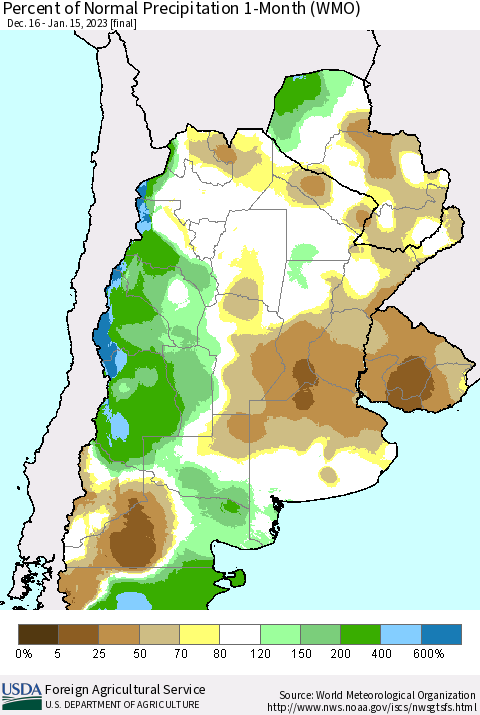 Southern South America Percent of Normal Precipitation 1-Month (WMO) Thematic Map For 12/16/2022 - 1/15/2023