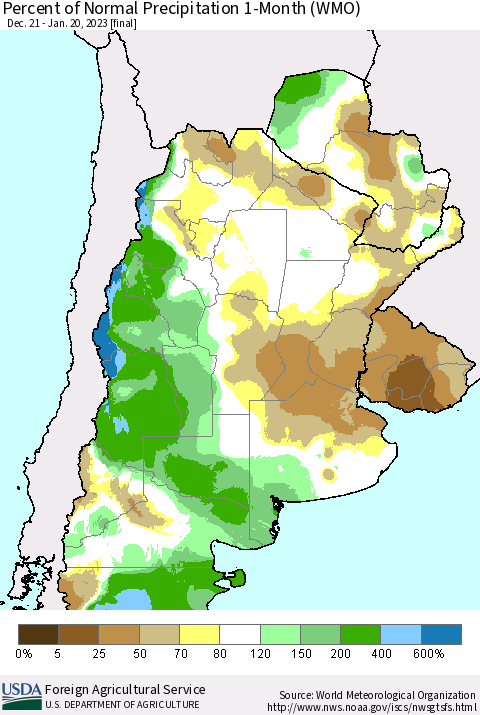 Southern South America Percent of Normal Precipitation 1-Month (WMO) Thematic Map For 12/21/2022 - 1/20/2023