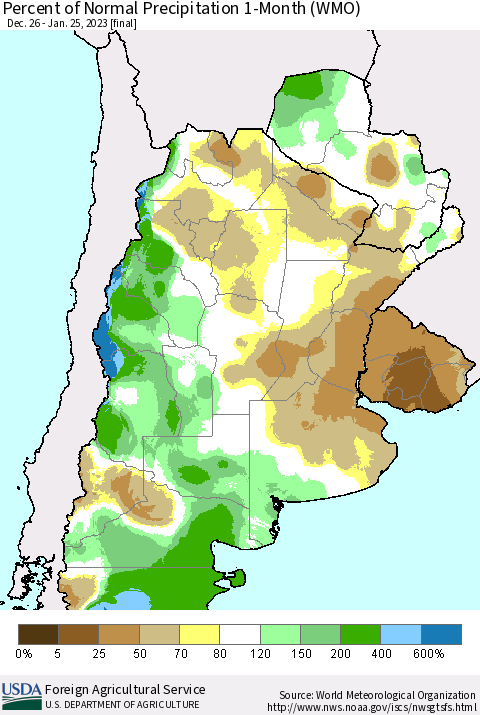 Southern South America Percent of Normal Precipitation 1-Month (WMO) Thematic Map For 12/26/2022 - 1/25/2023