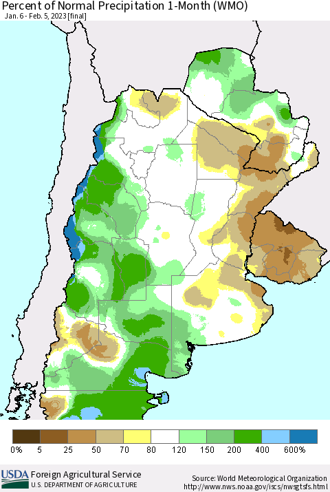 Southern South America Percent of Normal Precipitation 1-Month (WMO) Thematic Map For 1/6/2023 - 2/5/2023