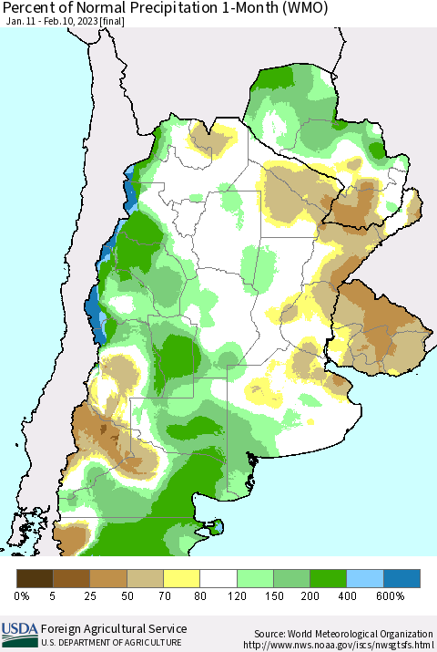 Southern South America Percent of Normal Precipitation 1-Month (WMO) Thematic Map For 1/11/2023 - 2/10/2023