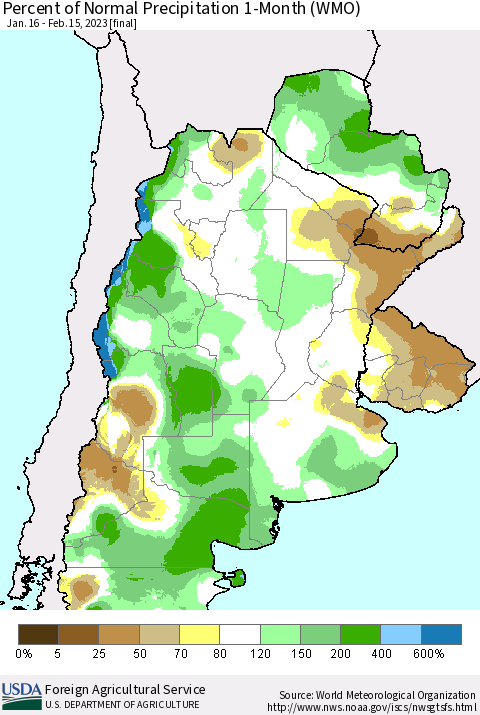 Southern South America Percent of Normal Precipitation 1-Month (WMO) Thematic Map For 1/16/2023 - 2/15/2023