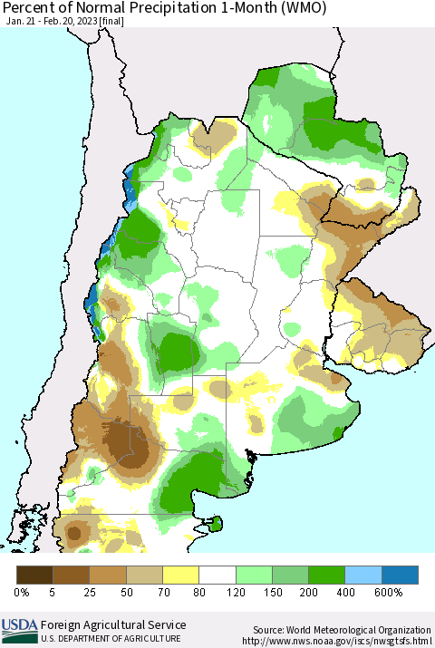 Southern South America Percent of Normal Precipitation 1-Month (WMO) Thematic Map For 1/21/2023 - 2/20/2023
