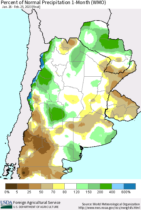 Southern South America Percent of Normal Precipitation 1-Month (WMO) Thematic Map For 1/26/2023 - 2/25/2023