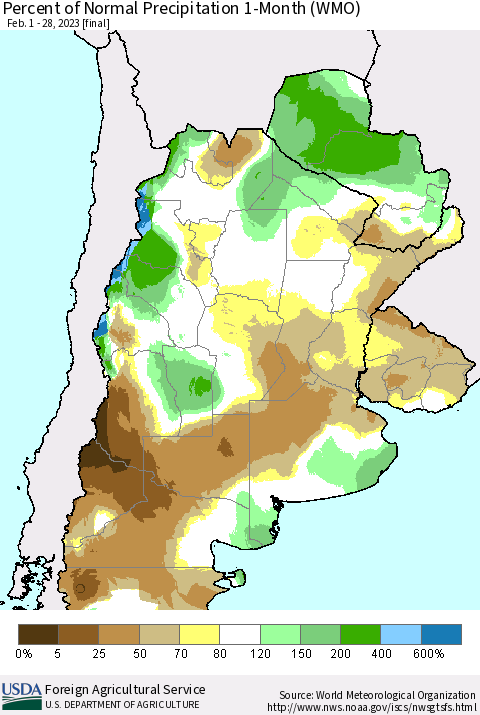 Southern South America Percent of Normal Precipitation 1-Month (WMO) Thematic Map For 2/1/2023 - 2/28/2023