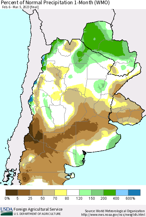 Southern South America Percent of Normal Precipitation 1-Month (WMO) Thematic Map For 2/6/2023 - 3/5/2023
