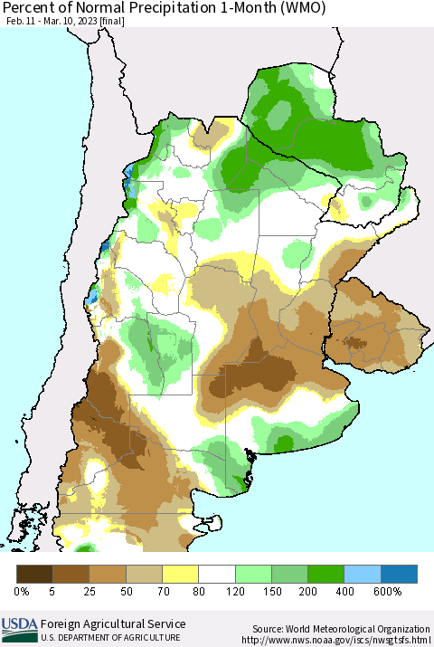Southern South America Percent of Normal Precipitation 1-Month (WMO) Thematic Map For 2/11/2023 - 3/10/2023