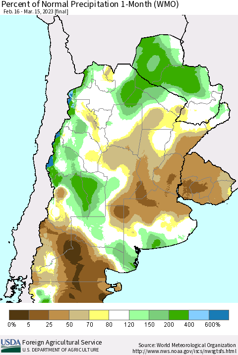 Southern South America Percent of Normal Precipitation 1-Month (WMO) Thematic Map For 2/16/2023 - 3/15/2023