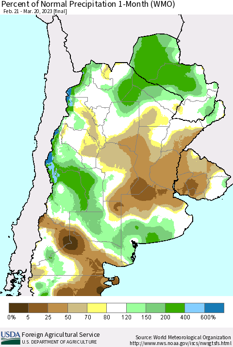 Southern South America Percent of Normal Precipitation 1-Month (WMO) Thematic Map For 2/21/2023 - 3/20/2023