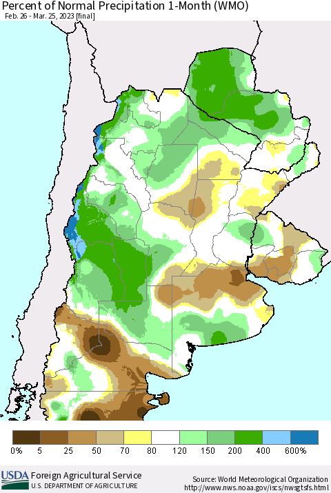 Southern South America Percent of Normal Precipitation 1-Month (WMO) Thematic Map For 2/26/2023 - 3/25/2023