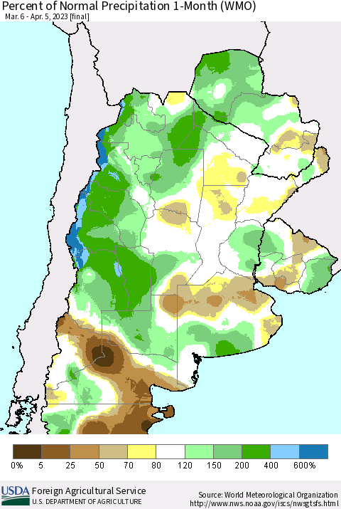 Southern South America Percent of Normal Precipitation 1-Month (WMO) Thematic Map For 3/6/2023 - 4/5/2023