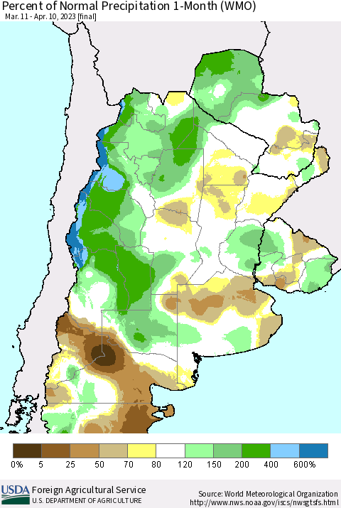 Southern South America Percent of Normal Precipitation 1-Month (WMO) Thematic Map For 3/11/2023 - 4/10/2023