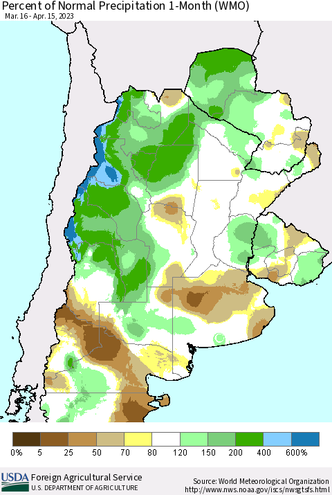 Southern South America Percent of Normal Precipitation 1-Month (WMO) Thematic Map For 3/16/2023 - 4/15/2023