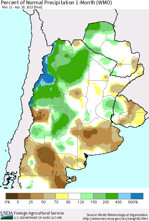 Southern South America Percent of Normal Precipitation 1-Month (WMO) Thematic Map For 3/21/2023 - 4/20/2023