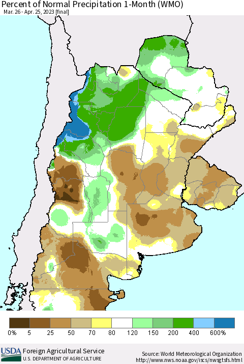 Southern South America Percent of Normal Precipitation 1-Month (WMO) Thematic Map For 3/26/2023 - 4/25/2023