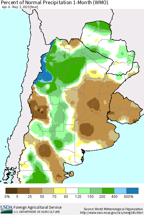 Southern South America Percent of Normal Precipitation 1-Month (WMO) Thematic Map For 4/6/2023 - 5/5/2023