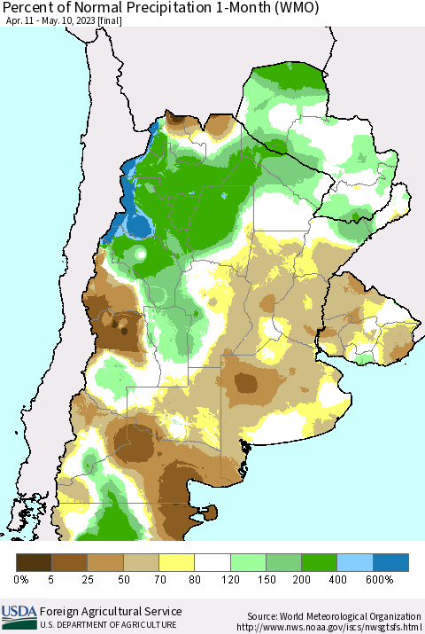 Southern South America Percent of Normal Precipitation 1-Month (WMO) Thematic Map For 4/11/2023 - 5/10/2023