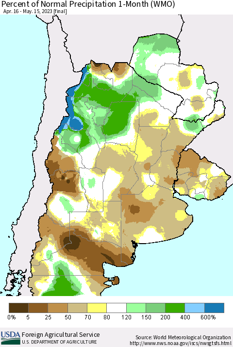Southern South America Percent of Normal Precipitation 1-Month (WMO) Thematic Map For 4/16/2023 - 5/15/2023