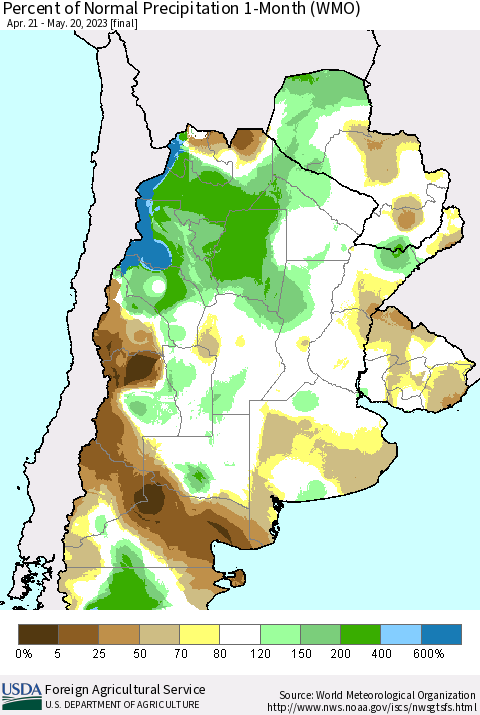 Southern South America Percent of Normal Precipitation 1-Month (WMO) Thematic Map For 4/21/2023 - 5/20/2023