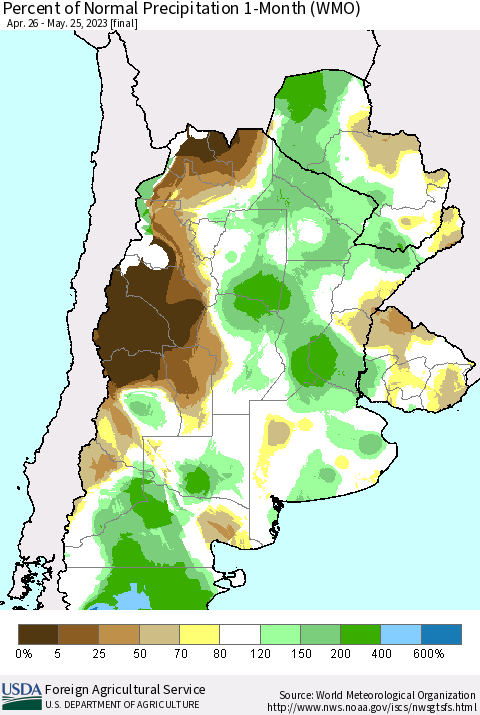 Southern South America Percent of Normal Precipitation 1-Month (WMO) Thematic Map For 4/26/2023 - 5/25/2023