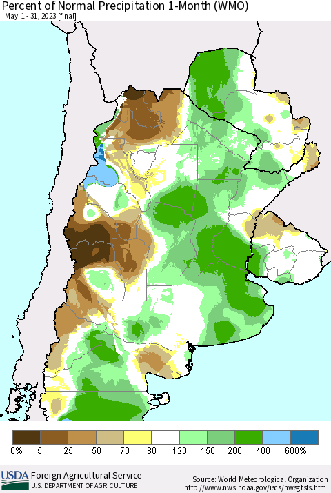 Southern South America Percent of Normal Precipitation 1-Month (WMO) Thematic Map For 5/1/2023 - 5/31/2023