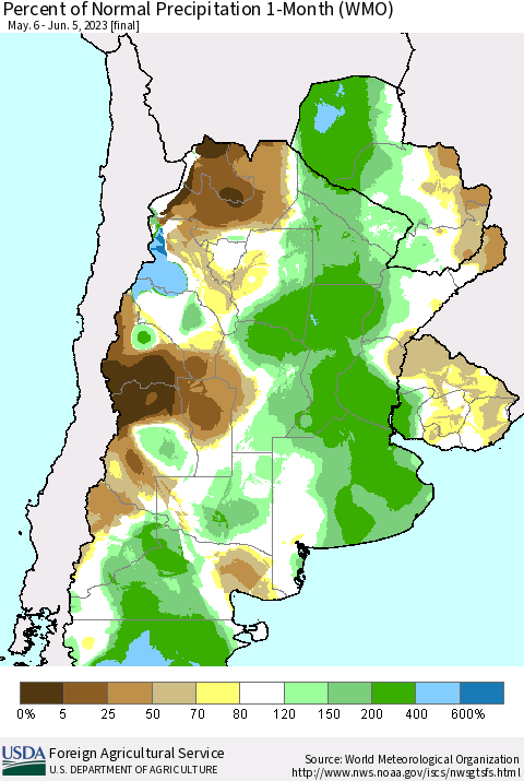 Southern South America Percent of Normal Precipitation 1-Month (WMO) Thematic Map For 5/6/2023 - 6/5/2023