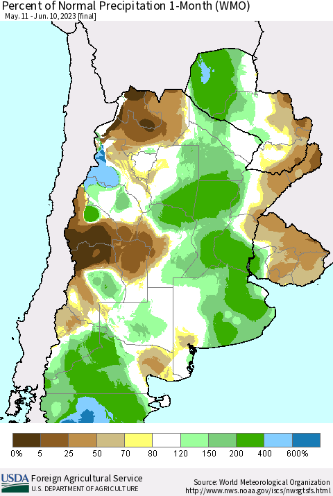 Southern South America Percent of Normal Precipitation 1-Month (WMO) Thematic Map For 5/11/2023 - 6/10/2023
