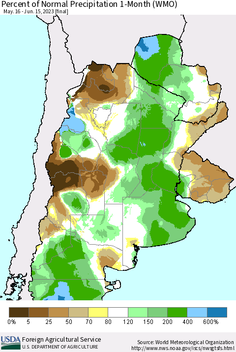 Southern South America Percent of Normal Precipitation 1-Month (WMO) Thematic Map For 5/16/2023 - 6/15/2023